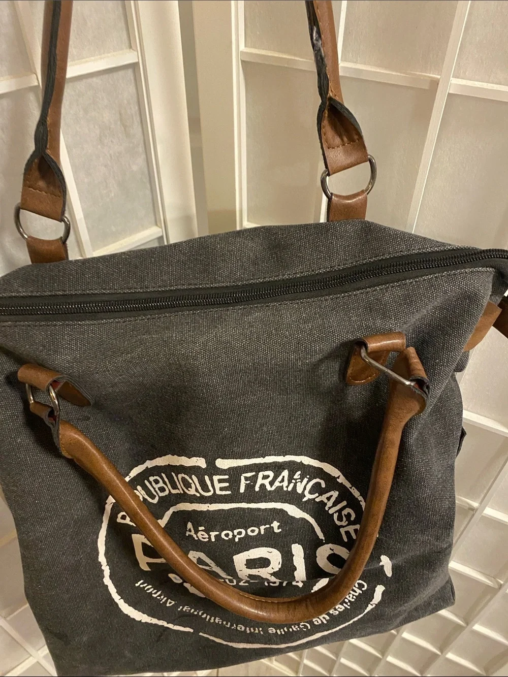 Paris Stamp light black Canvas Tote with Brown Handles and shoulder strap
